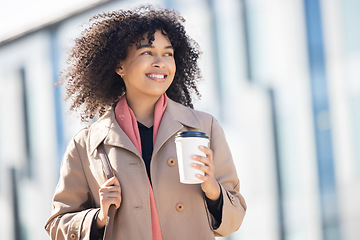 Image showing Travel, coffee and business woman in city for morning, lunch break and wellness. Relax, happy and smile with girl employee walking in urban town with drink for start, career and professional mindset