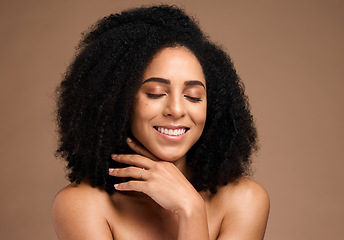 Image showing Hair, afro and face of black woman with skincare glow, natural cosmetics and clean shampoo hair care. Wellness, spa salon and African person with luxury makeup, dermatology treatment and self care