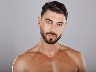 Image showing Man, face with beauty and skin in portrait, muscle and glow with cosmetic skincare treatment against studio background. Grooming, hygiene and body care, clean with natural cosmetics and wellness