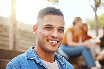 Image showing Portrait, black man and student on campus, college and relax on break, smile and casual. Jamaican male, guy and academic on university, confident and trendy with happiness, education and studying