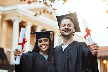 Image showing Education, graduation and celebration, portrait of students with certificate in outside university campus with smile. Friends, scholarship students and success, happy couple graduate from law school.