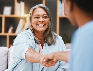 Image showing Handshake, healthcare and appointment with a senior woman shaking hands with a female nurse in a retirement home. Thank you, medical and meeting with a mature patient and medicine professional