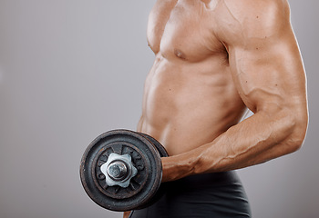 Image showing Fitness, health and dumbbell with arm of man and mockup for weightlifting, exercise and stamina endurance. Workout, strong and muscle with bodybuilder model and weights for gym, power and sports