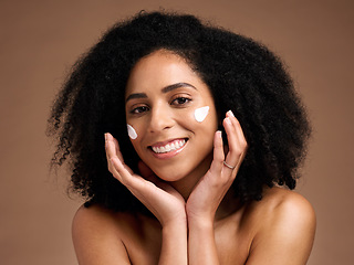 Image showing Beauty, sunscreen and face of African woman in studio for facial, skincare and cosmetics promotion of wellness product. Black woman model with skin care, dermatology or cream application in portrait