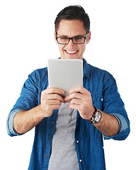 Image showing Studio, tablet and business man with glasses reading news, online website or social media isolated on white background. Digital technology, software and email marketing of employee, worker or user