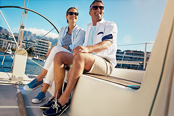 Image showing Relax, travel and luxury with couple on yacht for summer, love and sunset on Cape Town vacation trip. Adventure, journey and ship with man and woman sailing on boat for ocean, tropical and honeymoon