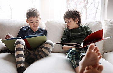 Image showing Children, boys and reading books for education, learning or relax studying on house living room or home sofa. Kids, storytelling and fantasy fairytale novel in hobby activity or creative inspiration