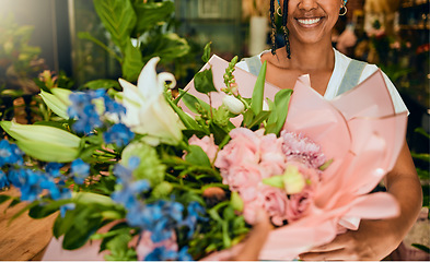 Image showing Bouquet, happy and woman shopping for flowers at a shop for spring, gift or gardening. Floral, entrepreneurship and florist with smile for plants, nature and ecology at an eco friendly small business