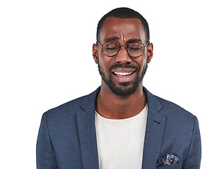 Image showing Business, black man and upset for financial crisis, stock market crash and guy isolated on white studio background. African American male, employee and consultant with depression, stress and crying