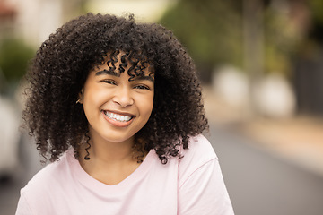 Image showing Black woman, smile and portrait of a young person happy in a urban city street with mockup. Happiness, freedom and excited face of a female in summer ready for travel smiling with mock up space