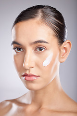 Image showing Beauty, cosmetics and face of woman with cream for luxury healthcare, wellness routine or facial acne prevention. Spa salon, dermatology skincare and aesthetic self care model with collagen product