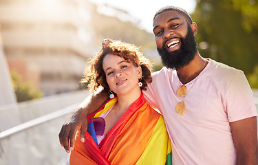 Image showing Happy couple, friends and portrait smile for gay, bisexual or LGBTQ pride with rainbow flag in a city. Proud man and woman smiling in support for lesbian, homosexual or transgender community in town