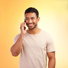Image showing Man, studio and happy phone call conversation, listening and smile for information, news and networking. Model, smartphone communication and talking on mobile network, using phone and connection