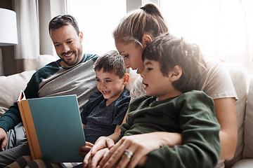 Image showing Relax, children and parents reading a book for bonding, fun and quality time. Knowledge, information and boys excited about learning a story together on the lounge sofa with their mother and father