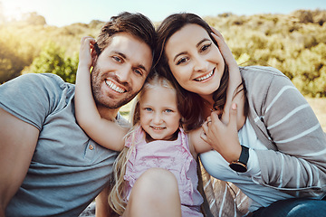 Image showing Portrait of mother, father and girl at park enjoying quality time in holiday, weekend and vacation together. Family, love and happy child with parents smile for bonding, relax and adventure in summer