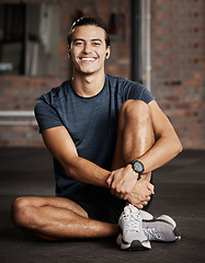 Image showing Man, happy portrait and relax fitness in gym for exercise workout, training break and sports wellness mindset. Happy athlete, personal trainer rest and happiness for cardio lifestyle in health club