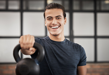 Image showing Gym, fitness and hands with kettlebell for training strong arms, powerful bicep muscles or body strength exercises for balance. Sports, athlete or happy man with weight for bodybuilder workout in gym