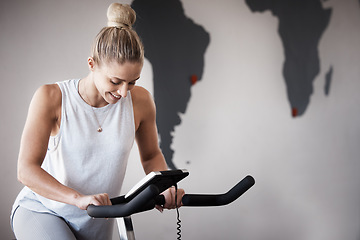 Image showing Fitness, gym bike and woman cycling for cardio performance, body wellness and exercise mockup. Health goals, spin bicycle mock up or athlete girl happy for workout, sports training or power challenge