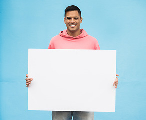 Image showing Happy man, portrait or blank mock up on poster branding, fashion advertising billboard or wall background paper. Smile, person or model with mockup banner for style, trendy or cool clothes marketing