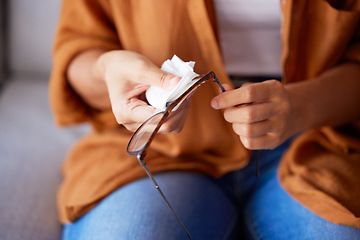 Image showing Woman cleaning glasses for dust, dirt and eye care protection with fabric tissue. Closeup female hands, microfiber cloth and spectacles, frames and eyewear for clear vision and optic lens maintenance