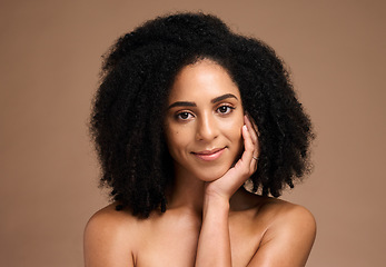 Image showing Black woman, smile portrait and skincare beauty wellness, facial care glow and natural cosmetics dermatology in brown background studio. African model, happiness and luxury afro hair care headshot