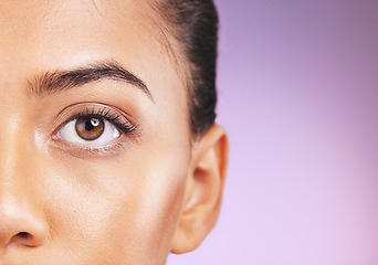 Image showing Eye zoom, beauty and woman with face and mockup for cosmetic care, microblading and lashes. Natural cosmetics, eye care and facial with skincare, contact lens and vision against studio background