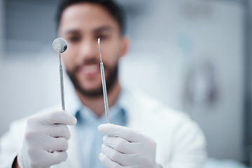 Image showing Mouth mirror, excavator or dentist hands in healthcare wellness checkup, teeth surgery or annual dental maintenance. Zoom, orthodontist or man with metal tools for teeth cleaning exam or hygiene help