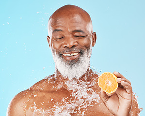 Image showing Lemon, water splash and senior man for skincare health, vegan product or cosmetics advertising, marketing or promotion mockup. Beauty african model, shower product and vitamin c, fruit juice benefits