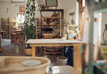 Image showing Interior, pottery and workshop of small business in ceramic arts, crafts or creative studio of startup business. Empty work station of a artistic room for clay crafting, paint or molding classroom