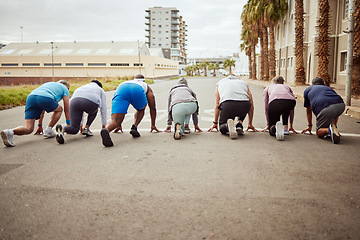 Image showing Start, fitness or people in marathon race with performance goals in body workout or runners exercise. Motivation, back view or healthy group of sports athletes ready for running contest on city road