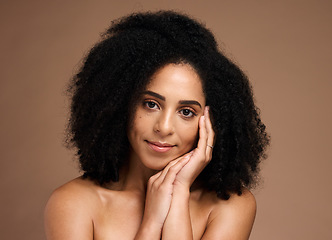 Image showing Skincare, aesthetic and portrait of black woman in studio for wellness, healthy and glowing skin. Dermatology, luxury spa and hands on girl face for cosmetics, beauty products and facial treatment