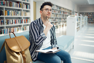 Image showing University, student and thinking of idea in library for educational task with focus and notebook. Learning, knowledge and education of smart college man busy with assignment note ideas.