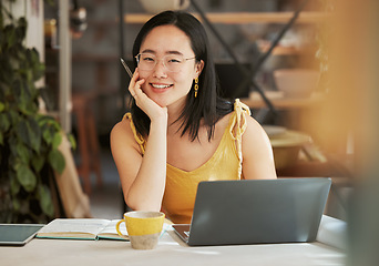 Image showing Startup, Asian portrait or business woman with smile for networking success, online communication or blog content idea. Happy, motivation or girl with laptop for social media, planning or SEO review