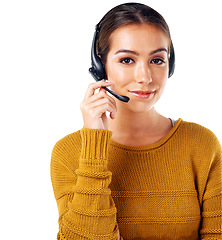 Image showing Call center, smile and portrait of woman isolated with consulting and communication on white background. Telemarketing, crm and girl in headset at help desk for customer service phone call in studio.