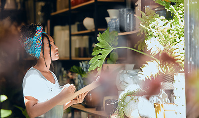 Image showing Checklist, small business or black woman writing plants or flowers or plants for commerce or stock inventory. Management, store manager or entrepreneur planning or working on floral growth inspection