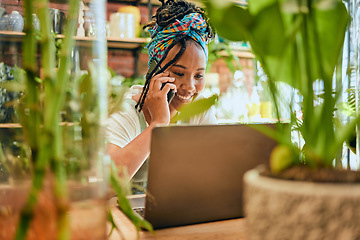 Image showing Phone call, small business or black woman talking in store or shop for flowers or agriculture development. Laptop, agro manager or happy entrepreneur networking or speaking to plants retail supplier