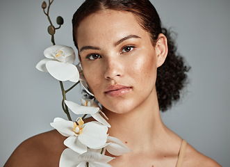 Image showing Skincare, face portrait and woman with orchid in studio isolated on a gray background. Floral makeup, organic cosmetics and female model with flowers for healthy skin treatment, wellness and beauty.