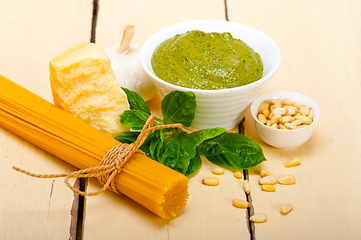 Image showing Italian traditional basil pesto pasta ingredients