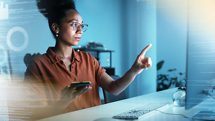 Image showing Hologram data, trading overlay and business woman with phone point at nft code in a office. Fintech, invest and 3d information technology work of finance worker with future digital networking growth