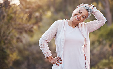 Image showing Fitness, portrait and woman stretching neck for park exercise, running workout or training in Colombia. Happy lady, runner and warm up body in nature for performance, wellness and healthy sport goals