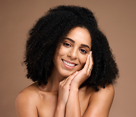 Image showing Beauty, skincare and smile with portrait of black woman for facial, self care and luxury cosmetics. Spa, hair care and makeup with face of girl model for treatment, natural and wellness in studio