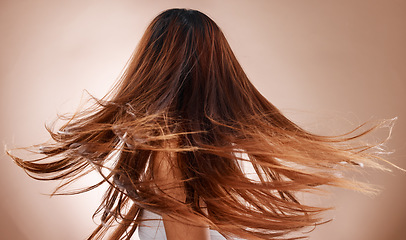 Image showing Hair care, beauty salon and cosmetics of a woman doing hair flip on studio background for luxury keratin treatment at hairdresser. Headshot of female posing for health and growth shampoo mockup