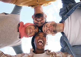 Image showing Support, huddle or happy students in university, educational community or college for future success. Diversity, low angle or funny school friends planning a social group meeting, mission or vision