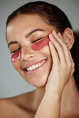 Image showing Black woman, eyes patch and facial beauty wellness, cosmetics dermatology and closed eye or skincare treatment happiness. African model, smile and glowing skin or spa facial mask product in studio