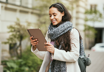 Image showing Social media, digital writing and travel woman working and watching a video on a city street. Online communication, happy and young student in urban outdoor from Brazil smile about 5g screen message