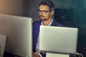 Image showing Corporate, computer and man typing, night, and connection for digital marketing, schedule and deadline. Male employee, entrepreneur and ceo reading online, late and planning database for management