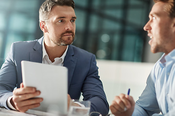 Image showing Teamwork, talking and business people with tablet in office workplace. Collaboration, technology and men or employees with touchscreen planning sales, marketing or advertising strategy in company.