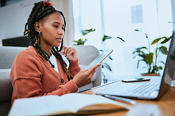 Image showing Black woman, tablet and student reading on laptop for online email communication and planning college schedule in home office. African girl, thinking and digital tech devices for elearning education