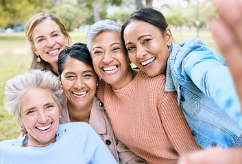 Image showing Retirement, women or portrait selfie or bonding memory, social media or diversity profile picture in nature park. Smile, happy or senior friends in photography pov, grass garden or relax environment