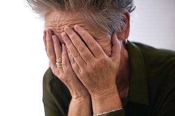 Image showing Senior woman, cover face with hands and sad for diagnosis, mental health and shocking news. Mature female, elderly lady and emotional with stress, depression and results for fatal illness or sickness